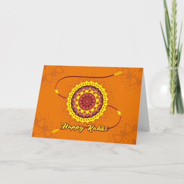 Cartão Feliz Raksha Bandhan, laranja, pulso amarelo (Frente)