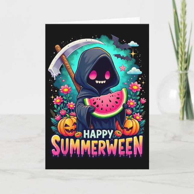 Cartão Feliz Summerween Esqueleto Jack-o-lanterna Melão d (Frente)