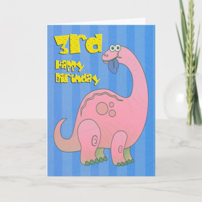 Cartão Feliz Terceiro Aniversário Dinossauro Rosa (Frente)