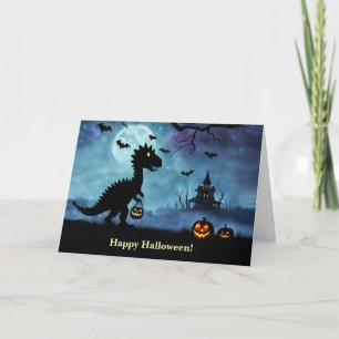 Cartão Feliz truque de Halloween ou tratamento de dinossa
