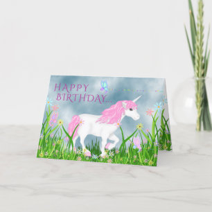 Cartão Feliz Unicórnio Rosa e Branco com Flores Anivers