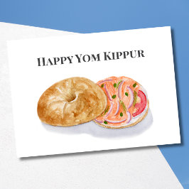Cartão Feliz Yom Kippur Watercolor Bagels Salmão Fumado 