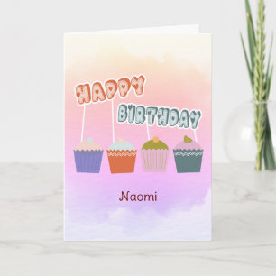 Cartão Felizes Cupcakes de aniversário em Watercolor Pink