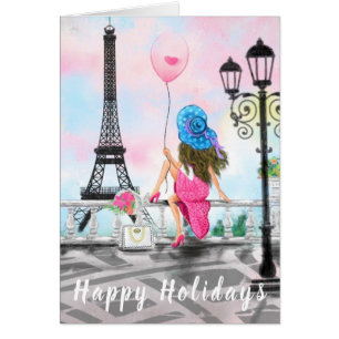 Cartão Felizes Feriados - Adoro Paris - Mulher com Balão