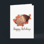 Cartão Felizes Feriados Criados de Carne Brisket Judaica<br><div class="desc">O design apresenta uma ilustração original de uma bandeja com um peito braçado clássico, acompanhado de vegetais torrados. Um prato de cardápio básico durante os feriados judeus, incluindo Passover, Hanukkah e Rosh Hashanah. Este design também está disponível em outros produtos. Muitas outras ilustrações sobre temas de comida também estão disponíveis...</div>