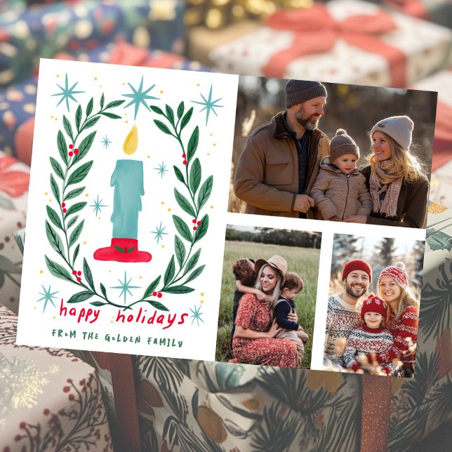 Cartão Felizes Feriados, Velas Desenhadas 3 FOTOS PERSONA (Happy Holidays Candle Hand Drawn CUSTOM PHOTOS Card
)