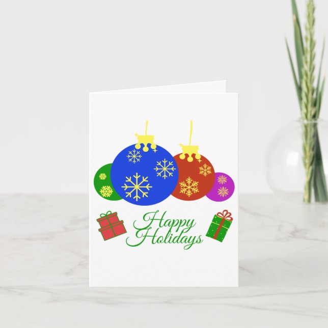 Cartão Felizes Festas Bolas de Natal e Design de Presente (Frente)