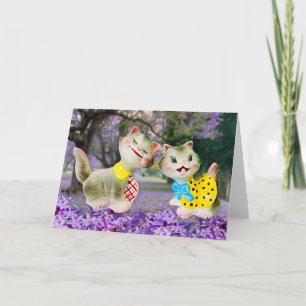 Cartão Felizes Gatos Vintage com Flores Saudações