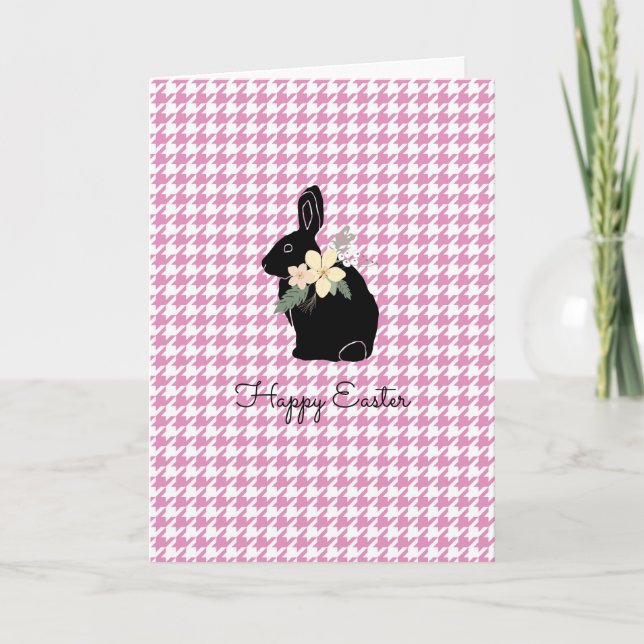 Cartão Felz pascoa Bunny Silhouette Flowers Houndstooth (Frente)