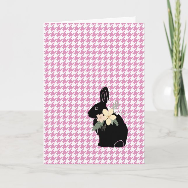 Cartão Felz pascoa Bunny Silhouette Flowers Houndstooth (Frente)