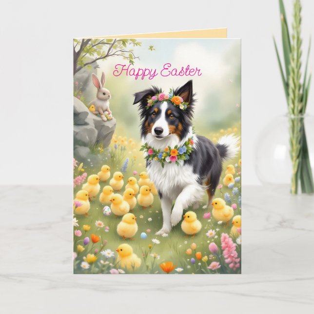 Cartão Felz pascoa Collie e Pintinhos (Frente)