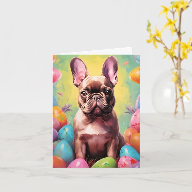Cartão Felz pascoa francês Buldogue (Flor Amarela)
