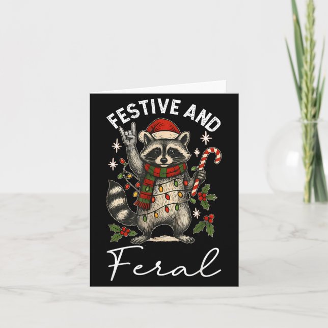 Cartão Feral And Festive Raccoon Santa Hat Christmas Ligh (Frente)