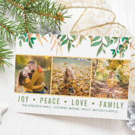 Cartão Feriado de Foto da Família Joy Peace Love