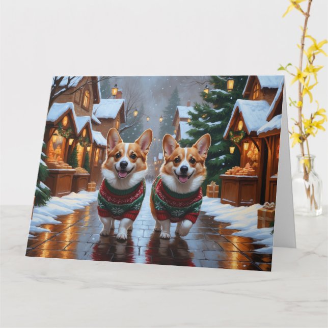 Cartão Feriado de Natal de Corgi Cães (Flor Amarela)