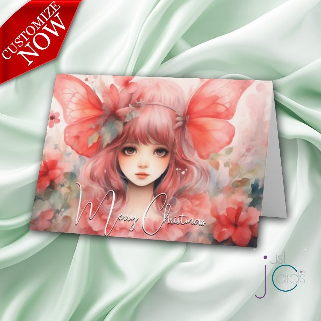 Cartão Feriado de Natal de Pixie com Borboleta Vermelha (Customizable Text)