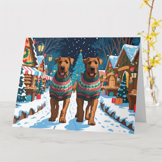 Cartão Feriado de Natal dos Cães Airedale (Flor Amarela)