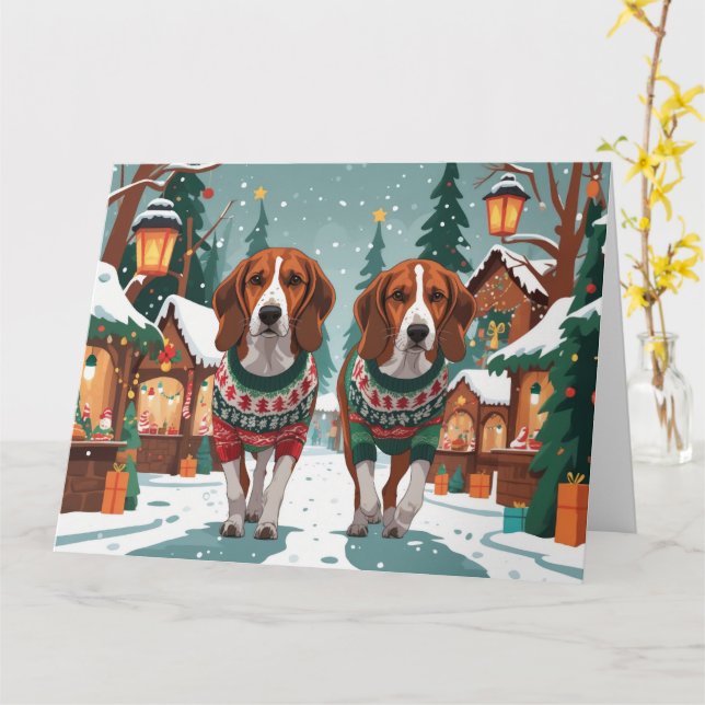 Cartão Feriado de Natal em Cães de Foxhound Americano (Flor Amarela)