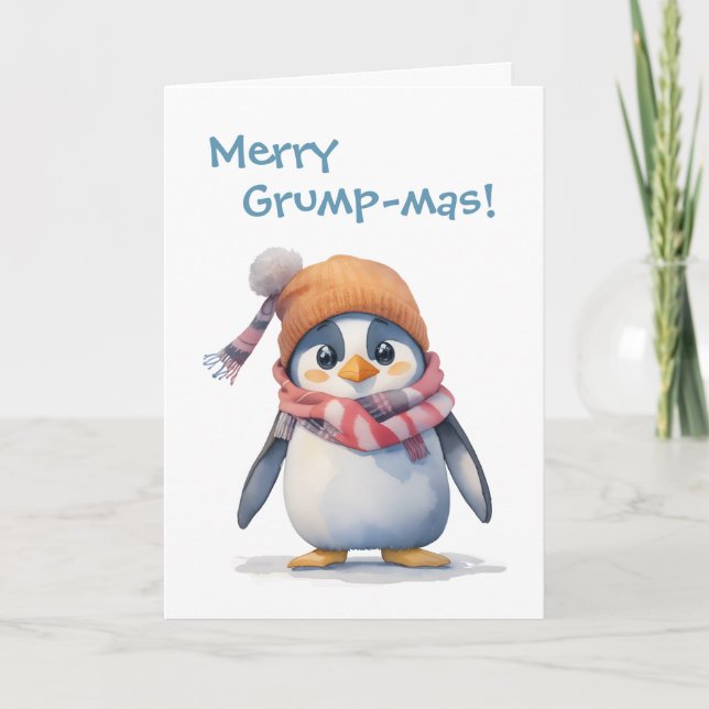 Cartão Feriado de Natal Grumpy Pinguin Grpolegadas (Frente)