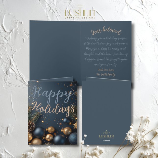 Cartão Feriado de ornamento Azul Deseja o Natal (Criador carregado)