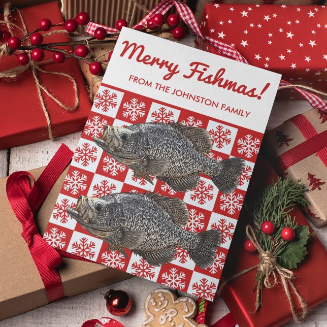 Cartão Feriado em Floco de Neve de Pesca com Cápsulas de  (Merry Fishmas!  Order your Crappie Fishing Christmas Card today.)