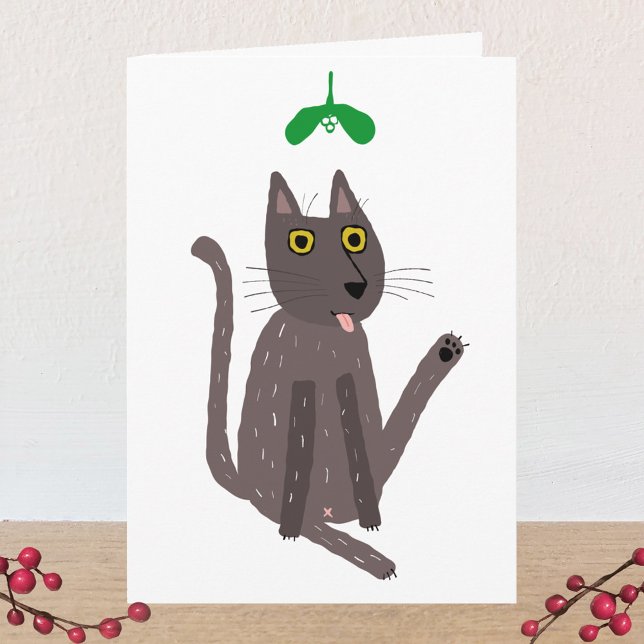Cartão Feriado Engraçado de Humor Gato (Funny cat kiss personalized holiday card)