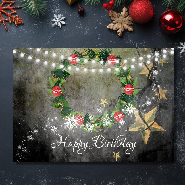 Cartão Feriado, estrelas e luz com neve (Front - Holiday Wreath, Stars n Lights with Snow Birthday Card)