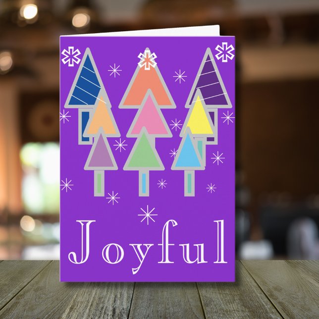 Cartão Feriado Feriado Bravo, Natal Puro ('Joyful' purple holiday card with modern abstract art Christmas trees.)