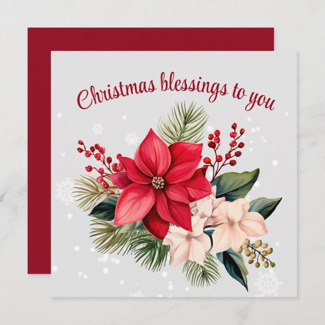 Cartão Feriado Floral de Poinsettia de Natal Elegante (Frente/Verso)