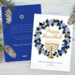 Cartão Feriado Floral Menorah Hanukkah<br><div class="desc">Celebre Chanucá com graça e tradição usando este belo cartão de feriado com uma menorah ouro cercada por uma luxuosa camada floral de aquarela em azul, marinho e pincel. A elegante saudação do guião ouro e a mensagem totalmente personalizável nas costas tornam-na perfeita para enviar desejos calorosos a amigos e...</div>