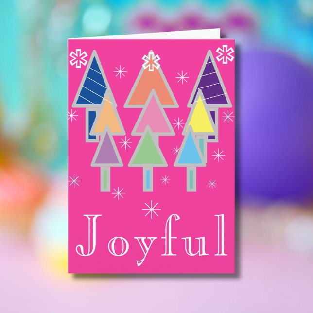 Cartão Feriado Fúnebre das Árvores de Natal de Arte Moder (Joyful pink holiday card with colorful abstract art Christmas trees.)