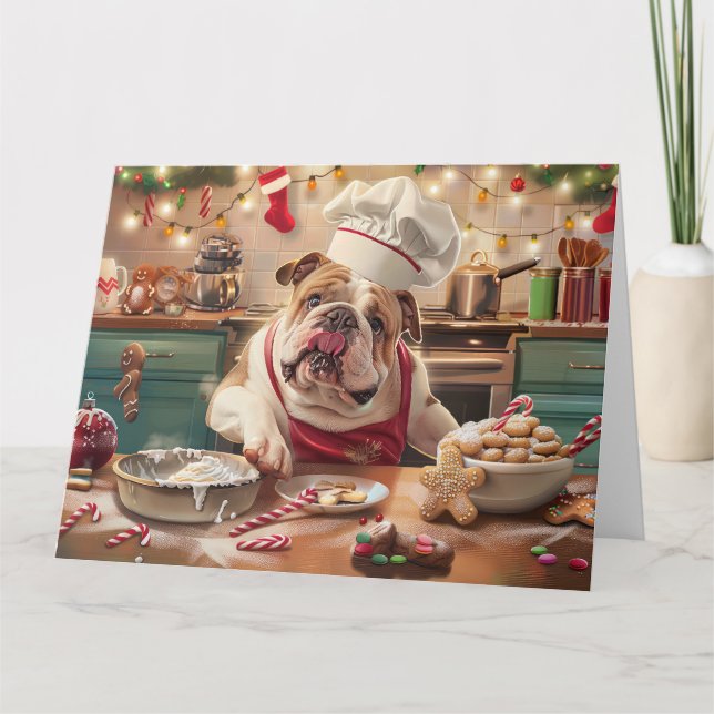 Cartão Feriado Inglês Bulldog Baking: Natal Festivo (Frente)