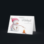 Cartão Feriado Rosa Bestial, Marshmallow, Snowman Bonito<br><div class="desc">Cartão de cartões de natal personalizado e bonito com ilustração de um boneco de neve torcendo marshmallows. Ilustrada e projetada por Patricia Alvarez.</div>