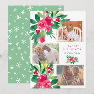 Cartão Feriados de Natal aquarela floral 3 fotos neve
