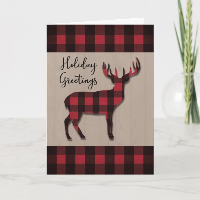 Cartão Feriados de Natal Deer em Madeira Vermelha Xadrez  (Frente)