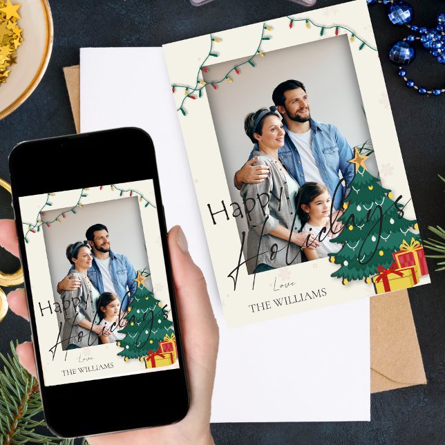 Cartão Feriados Felizes nas Estrelas da Árvore de Natal E (Elegant Christmas Tree Star Photo Happy Holidays Card)