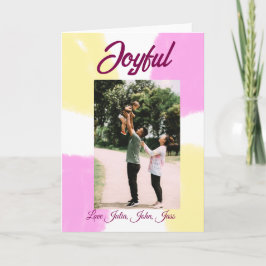 Cartão Férias alegres foto família retro boh rosa amarelo