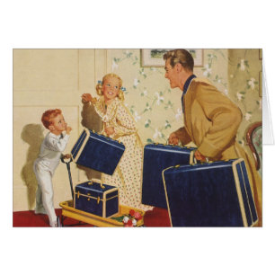 Cartão Férias Familiares Vintage, Pais, Crianças e Suitca