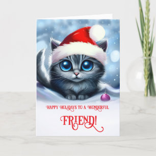 Cartão Férias Felizes Amigo com Gatinho de Natal Bonito