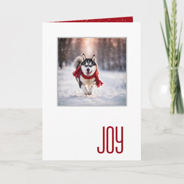 Cartão Férias Felizes Husky Com um Cachecol Vermelho (Frente)