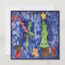 Cartão Férias Felizes Ícones Clássicos de Natal Aquarela