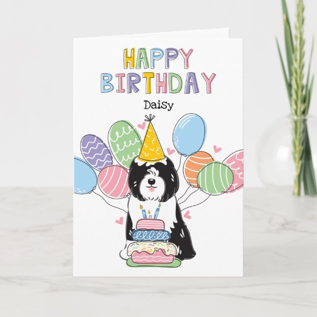Cartão Festa de aniversário de Cachorro Negro Branco Tibe (Frente)