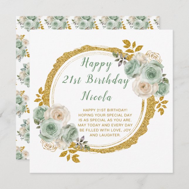 Cartão Festa de aniversário de Flores Elegantes Douradas  (Frente/Verso)