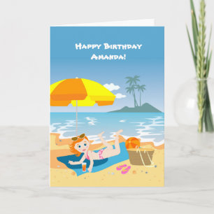 Cartão Festa de aniversário de verão da menina de praia