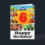 Cartão Festa de aniversário dos caminhões grandes 6a<br><div class="desc">Nove caminhões coloridos brilhantes cercam um grande número grande 6! Adicione sua própria idade! Um misturador de cimento verde e amarelo, azul pegara o caminhão, escavadora amarela, caminhão de descarregador alaranjado, rolo de estrada vermelho, trator e reboque verde, firetruck vermelho grande, escavador amarelo e o caminhão vermelho de um construtor!...</div>