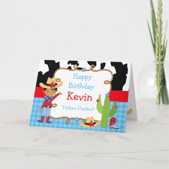 Cartão Festa de aniversário Ocidental do cowboy Afro-Amer (Frente)
