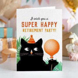 Cartão Festa de aposentadoria com gato preto e balão