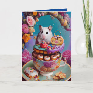 Cartão Festa de Chá do Hamster Sírio Branco com Donuts QU