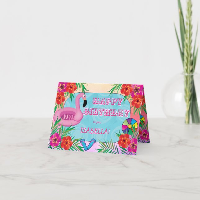 Cartão Festa de Piscina Flamingo, Feliz Aniversário (Frente)