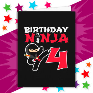 Cartão Festa Karate Ninja de 4 anos Crianças 4. Aniversár